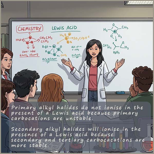 Image explains the fact that primary carbocations are unstable while secondary and tertiary carbocations are much more stable.